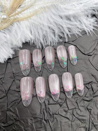 10 件定制可穿戴猫眼椭圆形透明荧光简约性感夏季成品指甲适用于美甲设计日常使用和节日派对礼物搭配女孩美甲用品按压指甲