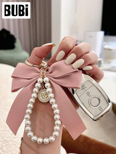 Pearl Bow Keychain, Women's Fashion Accessory, Universal Bag Pendant, Car Key Chain, Wristlet Handbag Decor, Holiday Gift, Car Accessories
