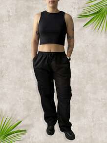 Men's Set 100% Cotton Anywhere Printed Black T-Shirt And Cargo Jogger Pants Streetwear - 黑色 - 查看 4
