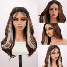 DZfirst 圣诞蕾丝假发 大波浪合成假发 棕色挑染金色 24 英寸 T 型 13X4X1 蕾丝水波假发 日常佩戴 角色扮演 - 挑染棕色 - 查看 9