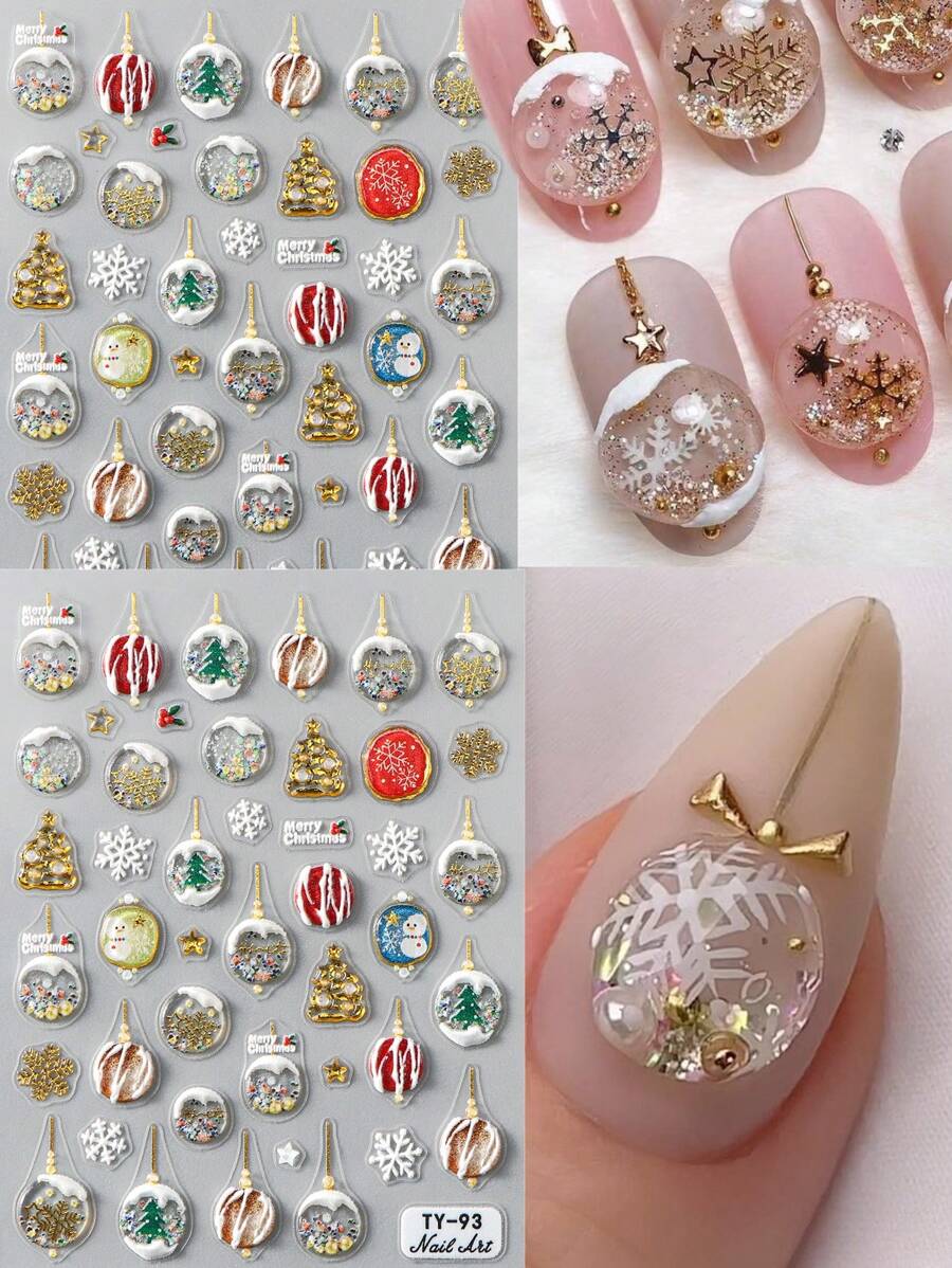 FULL BEAUTY 2 件装节日圣诞水晶球冬季雪花树光泽 5D 浮雕美甲贴纸和贴花卡通新年节日 DIY 饰品装饰美甲用品 - 彩色 - 查看 1