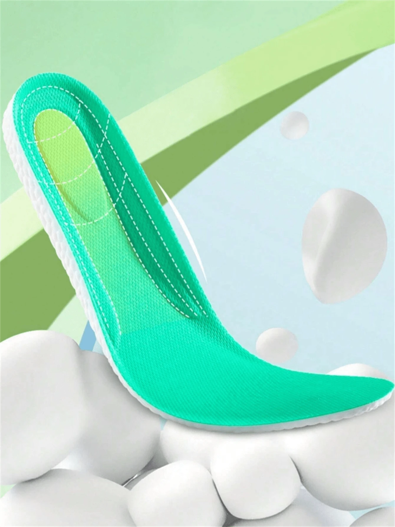 1 Par de plantillas de PU verde con función antibacteriana, de absorción de humedad, transpirabilidad, comodidad, amortiguación de impactos, alivio de la presión y masaje, adecuadas para zapatillas de running y de uso diario - Verde - Ver 1