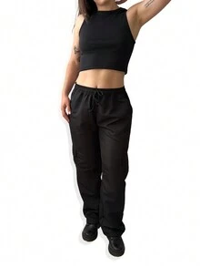 Black Basic 100% Cotton T-Shirt And Cargo Pants Unisex Streetwear Casual Set - 黑色 - 查看 3