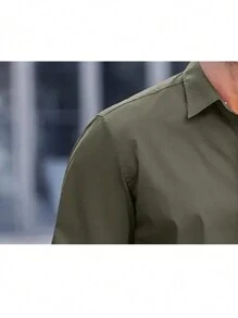 1 件男士纯橄榄绿色长袖衬衫，休闲商务简约风格，百搭，适合秋季 - 軍綠色 - 查看 3