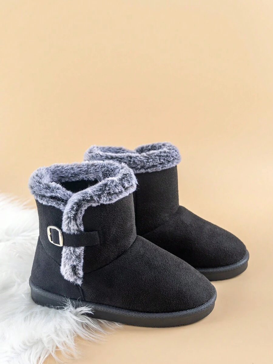 1 Pair Kids Casual Winter Snow Boots With Buckle Decor, Warm & Simple For Toddlers & Little Children - Black - View 1