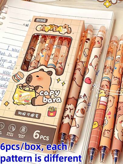 1/3/6支装可爱卡通水豚可擦中性笔，随机图案，办公/学校书写礼盒装，学生文具小奖品，顺滑速干，日常书法ST笔尖学习用品，高品质创意学生文具笔，可爱可擦中性笔，圆珠笔，办公签名用品，送给家人、朋友、同事的礼物，生日、节日、派对礼物，水豚，可爱文具，圣诞礼物，返校礼物