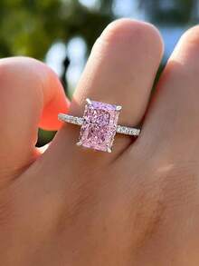 1 Pc 4 Ct High Shine Radiance Icicle Cut Square White Gold Pink High Carbonite Ring, S925 Sterling Silver Gorgeous, Elegant And Romantic Women's Rings, Delicate And Unique Design, Suitable For Prom, Wedding Anniversary And Other Occasions, Exquisite Women's Jewelry Gifts - Silver - View 5