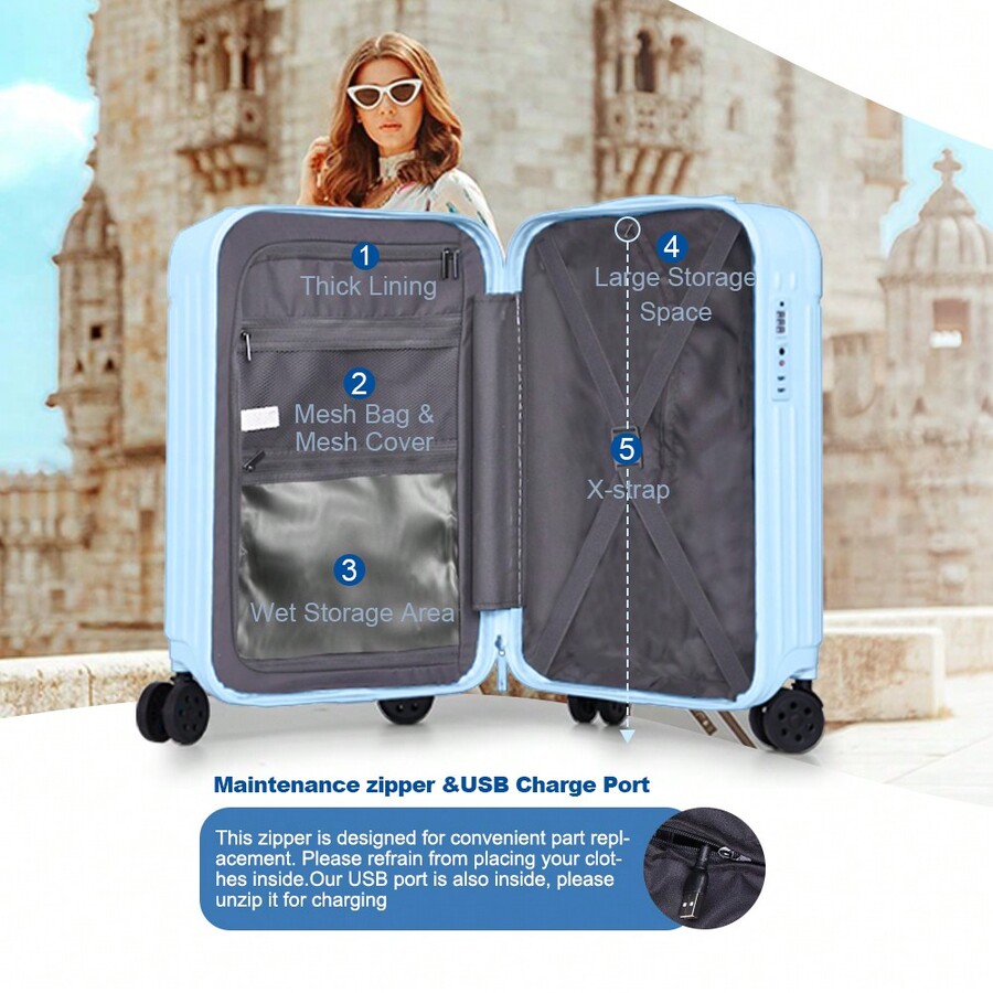 Carry On Luggage PC+ABS Suitcases With Double Spinner Wheels Airline