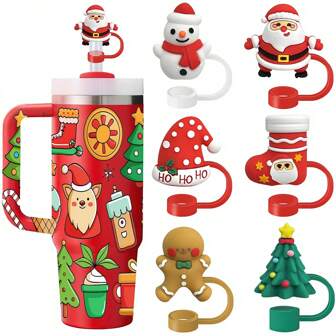 6 piezas Cubiertas para tapa de pajita navideñas compatibles con tazas de fondo plano de 30 y 40 onzas, tapas de pajita de silicona reutilizables y lindas que se ajustan a pajitas de 0.4 pulgadas/10 mm, regalo de Navidad, relleno de calcetín navideño