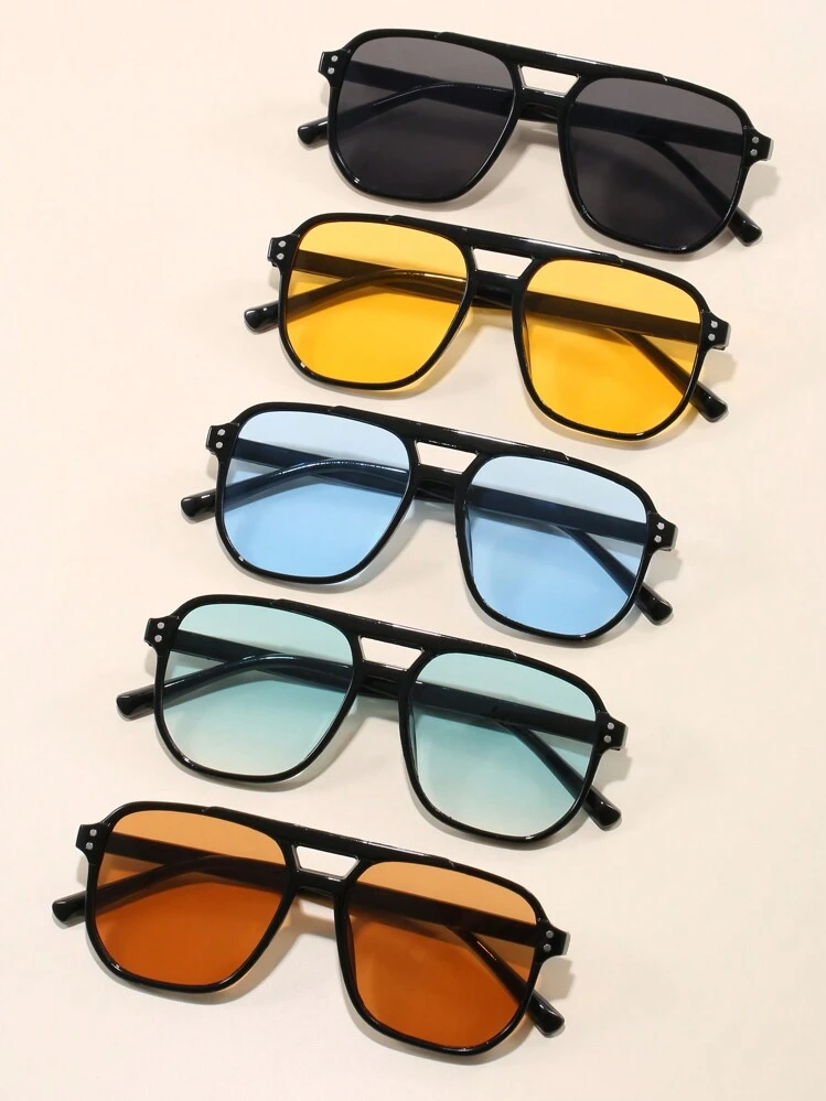 5 peças/Conjunto Óculos de Moda Quadrados Multicoloridos com Rebites de Ponte Dupla, Adequados para Eventos ao Ar Livre, Acessórios de Praia para Mulheres, óculos da moda para Verão, Praia, Viagem e Outdoor - Multicolorido - Visão 1