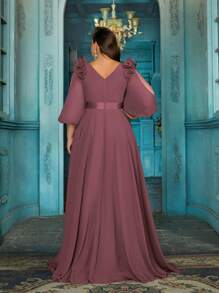 Simple Daily Spring Summer Women Formal Dress Elegant Plus Size Evening Gown For Wedding Guest, Dinner Party, Anniversary Celebration Solid Color Chiffon V-Neck Maxi Gowns - 珊瑚粉 - 查看 2