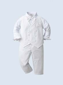 BOARNSEORL 3 件套年轻男孩绅士装：白色长袖蝴蝶结衬衫、白色背心和长裤，时尚帅气，适合生日派对、婚礼、周年庆典 - 白色 - 查看 1