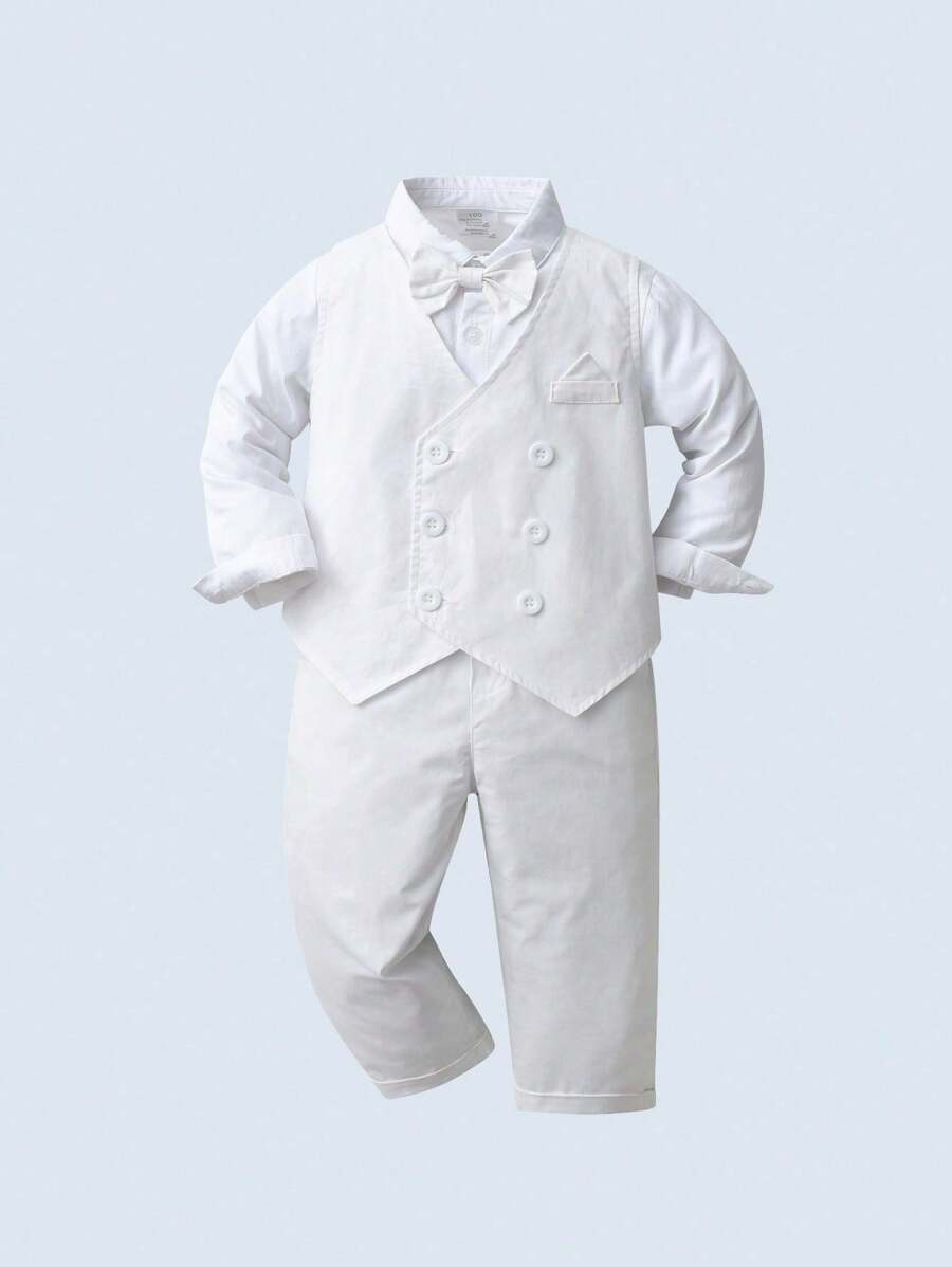BOARNSEORL 3 件套年轻男孩绅士装：白色长袖蝴蝶结衬衫、白色背心和长裤，时尚帅气，适合生日派对、婚礼、周年庆典 - 白色 - 查看 1
