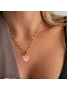 1 pieza Collar con colgante de ojo y corazón con cadena de cierre de acero inoxidable, joyería de moda para mujer, regalo de Halloween, San Valentín, mamá, madre, Día de la Madre
