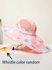 1 pieza Sombrero de protección solar para niños, Gorra de playa de verano anti-UV transpirable y de secado rápido con estampado y capa (color del silbato aleatorio)