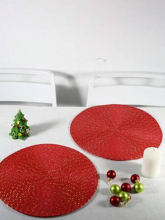 1/2/4/6/8pcs Red Western-Style Placemats, Christmas PP Round Woven Decor Mats, Suitable For Christmas Dining Placemats