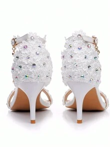 Giày cao gót ren trắng đính hạt 7cm, hở mũi, đính pha lê, thích hợp cho đám cưới, cô dâu, váy dạ hội, cỡ lớn - trắng - Xem 4
