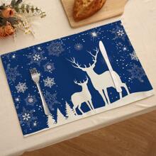 1 Stück/4 Stück/6 Stück, Weihnachten Winter Tisch-Platzsets, Weihnachten blaue Grünpflanzen Schneeflocken Rentier Leinen Platzsets, schmutzabweisende Platzsets, geeignet für Zuhause, Esszimmer und Restaurant, Tischdekor, Heimwaren