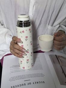 1pc 500ml/16.91oz Pink Tulip Series Vacuum Insulated Tumbler, Keeps Drinks Hot Or Cold, With Sip-Through Lid, Stainless Steel Double Wall Water Bottle, Travel & Outdoor Cup, Gym Bottle, Flat Bottom Cup, Car Cup, 4 Seasons, Holiday & Birthday Gift Back To School Back To School - Multicolor - View 5