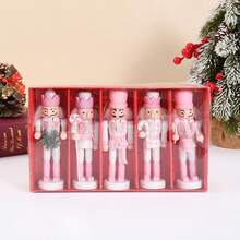 5pcs Exquisite Wooden Nutcracker Figurine - Pink And White Soldier With Candy Cane, Intricately Crafted For Festive Christmas Tabletop Decor, Traditional Holiday Ornament, And Unique Home Accent - Perfect For Indoor Display, New Year Party Favors Gift