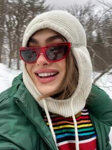 1pc Women's Drawstring Balaclava Solid Color Knit Hat, Neck Warmer Wool Detachable Hoodie, Casual Streetwear - Dharma Hat - View 13