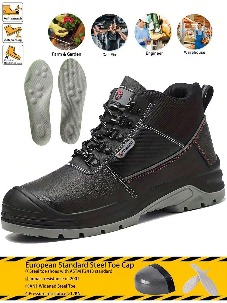 Safety Shoes For Men Soft Toe Leather Boots And 1 Pair Of Arch Support