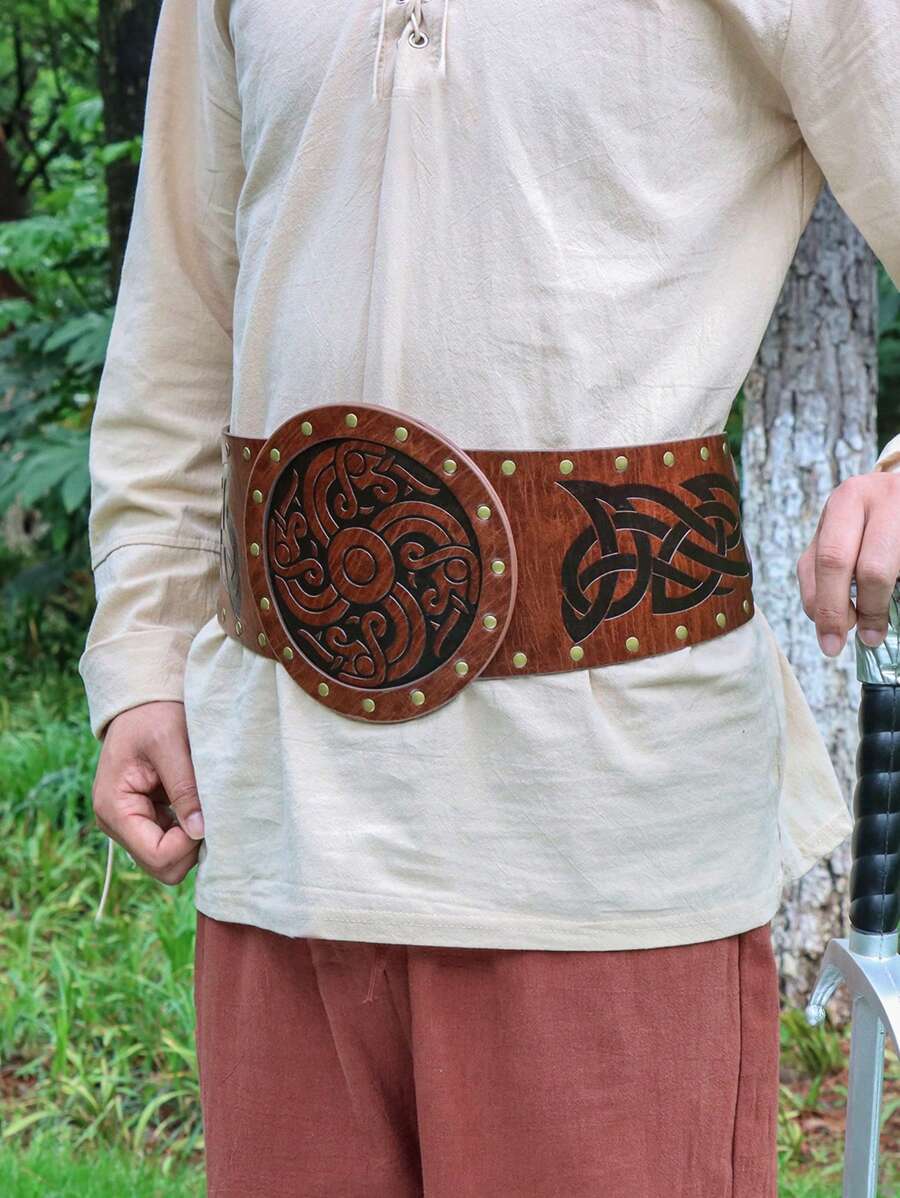 Viking Man Embossed Wide Belt Retro Faux Leather Medieval Knight ...
