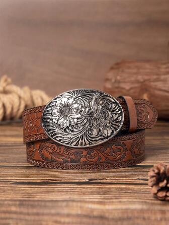 1 pieza Cinturón de PU con patrón marrón retro y occidental, para verano, escuela, otoño, Halloween