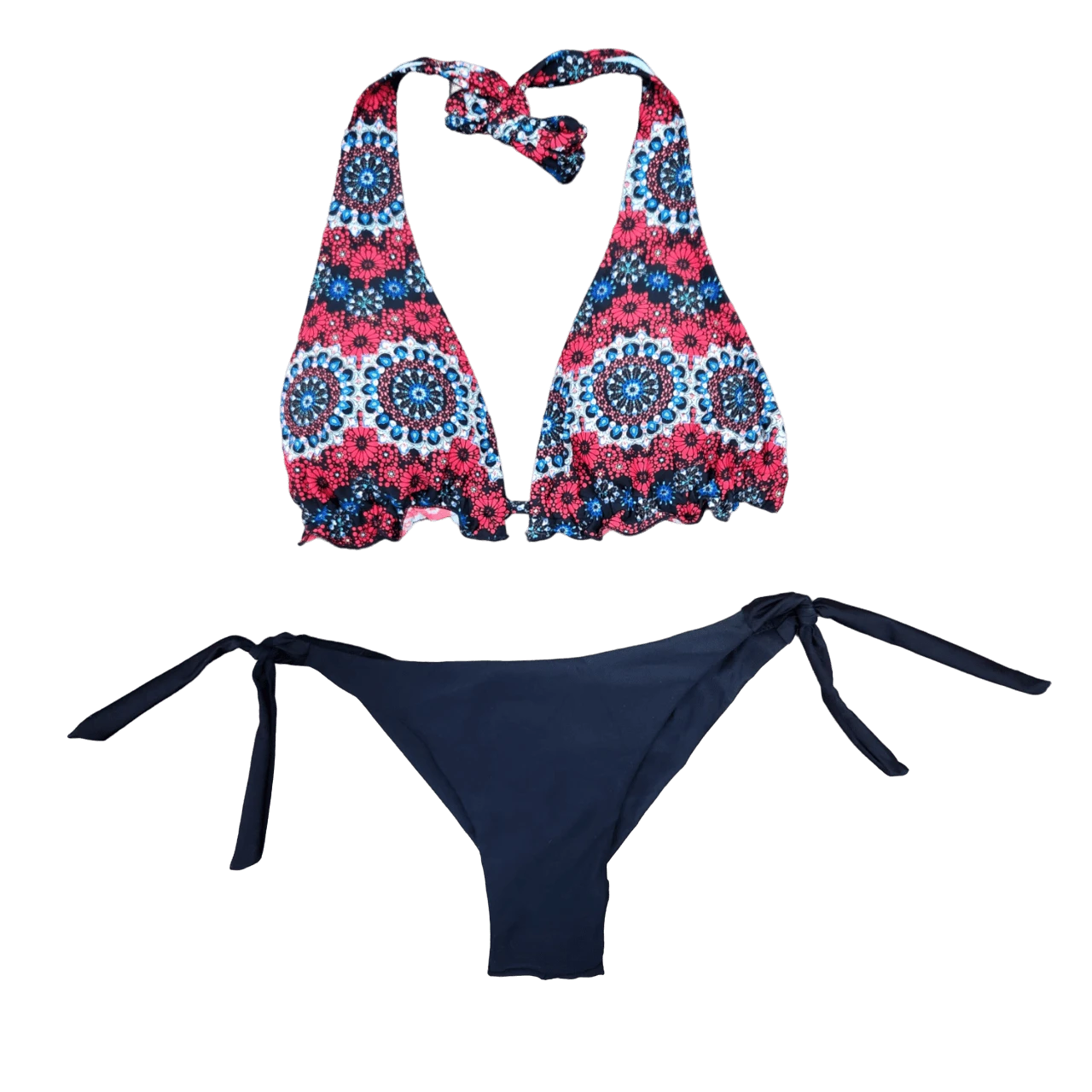 Floral Print Bikini Top With Ties On The Panties And Top - màu đen - Xem 1