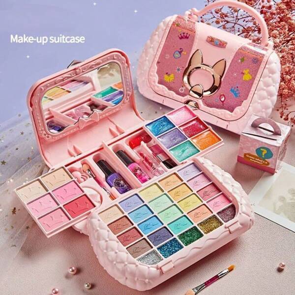 Juego de maquillaje de juguete para niños, bolso de hombro con juego de maquillaje simulado, regalo de cumpleaños para niñas, regalo de Navidad/Halloween, accesorios para actuaciones, maquillaje lavable para niños