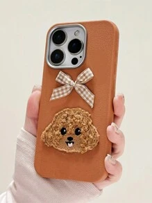 Animal Cartoon Cute Teddy Dog Bowknot Phone Case Compatible With IPhone 16 15 14 13 12 Pro Max Plus 11 Litchi Texture Shockproof Soft Back Cover Girl Cases Friend Gift
