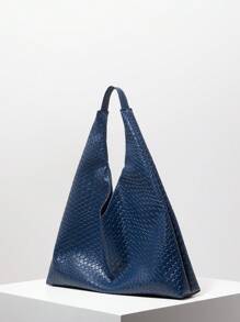 Vintage PU Woven Texture Shoulder Bag, Large Capacity Tote Bag, Minimalist Underarm Bag, Big Handbag, Daily Commute & Shopping Bag (Pattern Random) - Blue - View 2