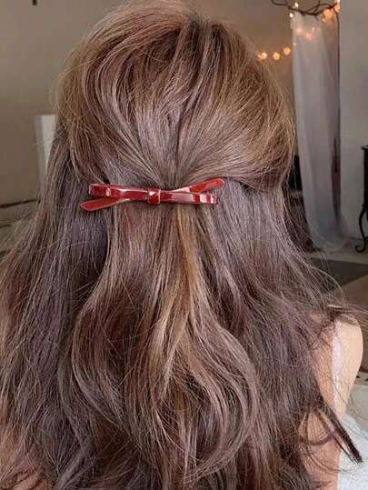 1个醋酸纤维蝴蝶结简约时尚春季发夹，适合日常佩戴（玳瑁色和红棕色印花随机发货），情人节、校园用品、优雅、学院风、蝴蝶结、可爱、发饰