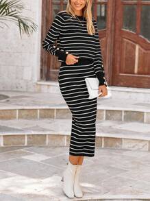 Women's Two Striped Sweater With Long Sleeve Knit Pullover Pencil Skirt Matching Travel Wear - 黑色條紋 - 查看 3