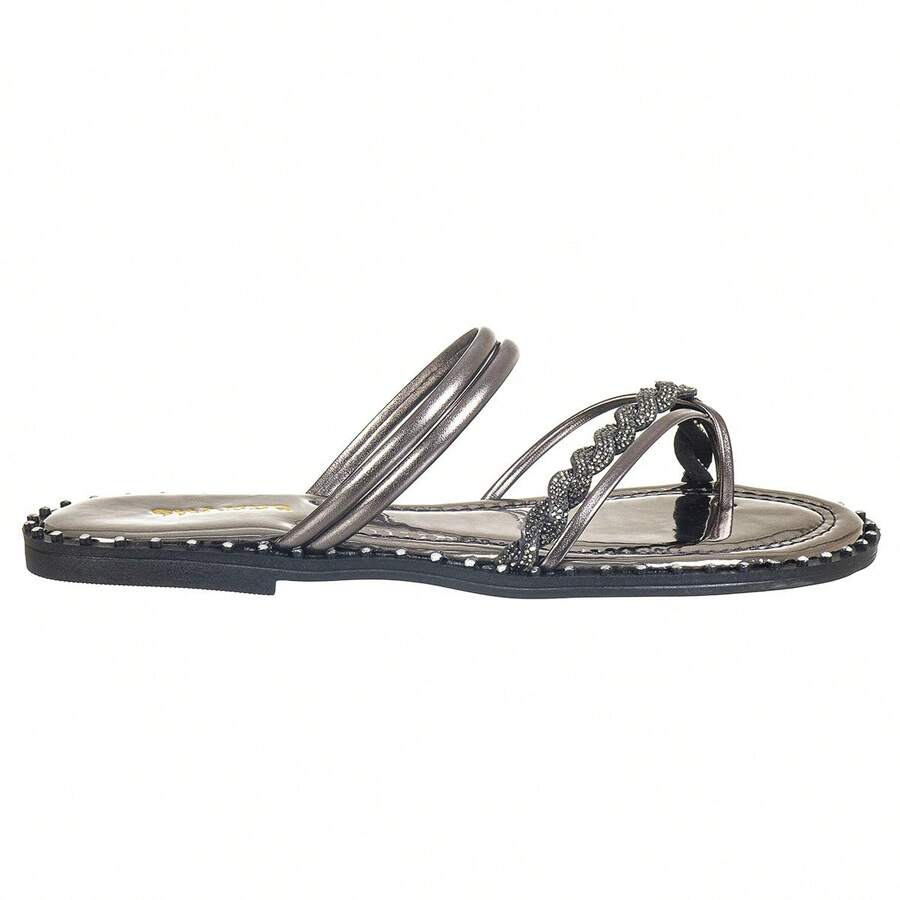 Women's Flat Sandals With Braided Shiny Rhinestones - Xám - Xem 1