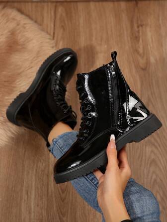 2025 Autumn/Winter New Patent Leather Women's Side Zip Lace-Up Short Boots, Thermal Lined, Black, Versatile And Slimming Boots,Boots For Women