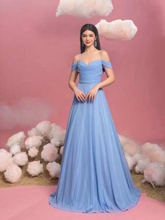 少女露肩 A 字形礼服，后系带设计 - 优雅飘逸的廓形，适合毕业晚会、红毯晚会、婚礼宾客服装、生日派对、选美活动