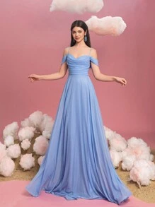 Vestido formal de línea A de hombros descubiertos para adolescentes con detalle de lazo en la espalda - Silueta fluida elegante para ceremonias de graduación, galas de alfombra roja, atuendos de invitados a bodas, fiestas de cumpleaños, eventos de concursos - Azul - Ver 7