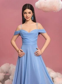 Vestido formal de línea A de hombros descubiertos para adolescentes con detalle de lazo en la espalda - Silueta fluida elegante para ceremonias de graduación, galas de alfombra roja, atuendos de invitados a bodas, fiestas de cumpleaños, eventos de concursos - Azul - Ver 9
