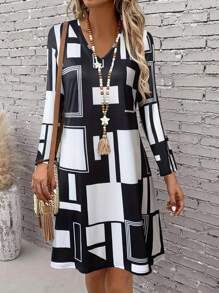 秋冬新款女士几何图案长袖连衣裙 - 黑色 - 查看 1