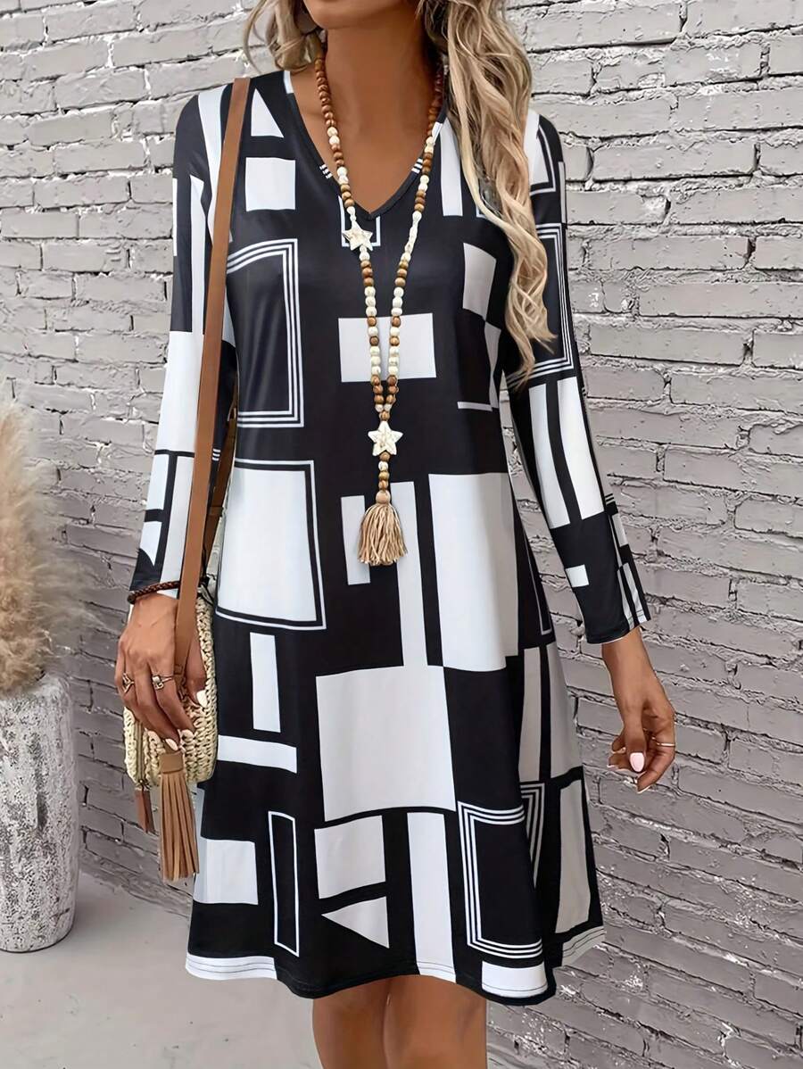 秋冬新款女士几何图案长袖连衣裙 - 黑色 - 查看 1