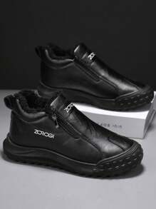 男士雪地靴新款冬季男户外一脚蹬无鞋带厚底防滑耐磨保暖内衬保暖踝靴年轻时尚户外运动鞋，皮革表面防水防污纯色黑色皮草鞋男，字母印花皮革拼接拉链装饰时尚多色百搭工作靴，舒适人造毛皮内衬保暖厚冬季户外雪地靴男户外度假旅行舒适平底防滑耐磨简约黑色踝靴 - 黑色 - 查看 3