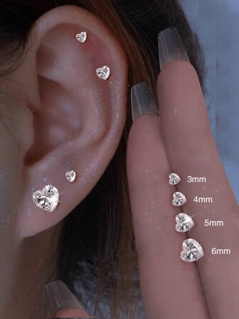 1 Pair S925 Sterling Silver White Heart Mini Diamond Stud Earrings 3mm 4mm 5mm 6mm Hypoallergenic Earrings Exquisite Ladies Gift Birthday Gift