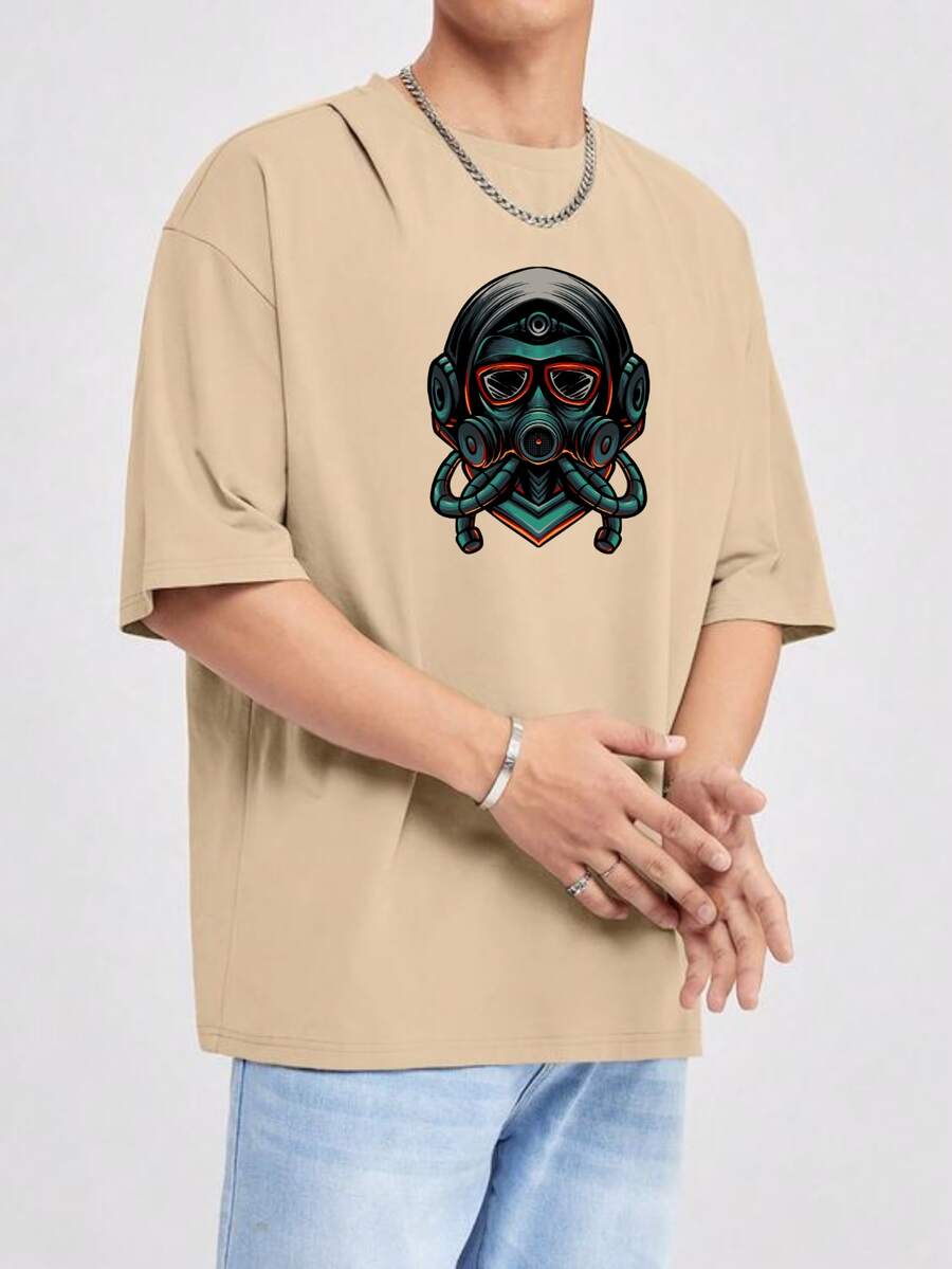 Men's Oversized Long Sleeve T-Shirt With Mask Print 100% Cotton - 米色 - 查看 1