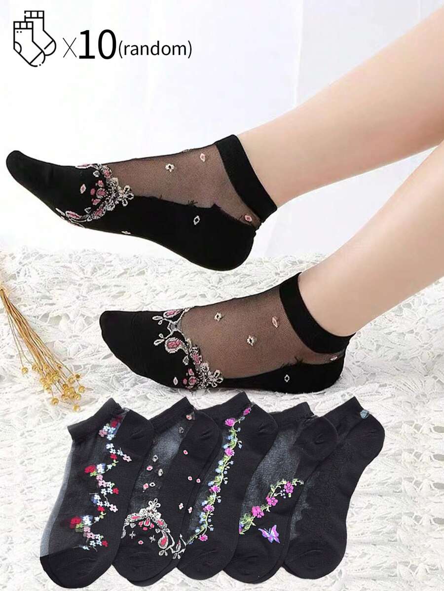 1 pereche/10 perechi de șosete de la jumătatea gambei pentru femei de culoare aleatorie, șosete subțiri, respirabili, care elimină umiditatea, brodate de cristal, șosete de mătase de sticlă pentru femei europene și americane, la jumătatea gambei, pentru vârsta mijlocie și vârstnici, primăvară/vară