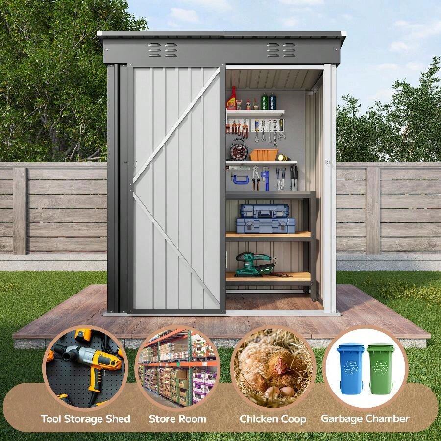 Asofer Outdoor Furniture 5' X 3' Outdoor Herramientas Tools Storage Shed With Single Lockable Door, Galvanized Metal Herramientas Tools Shed With Air Vent Suitable For The Garden, Tiny House Herramientas Tools Storage Sheds Outdoor For Garden, Backyard, Patio, Lawn - Xám - Xem 1