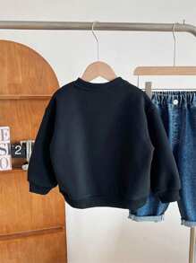 Young Boys' Casual Cartoon Bear Print Crew Neck Long Sleeve Sweatshirt, Autumn