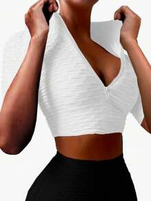 Textured Lycra Sports Crop Top With Zipper - 白色 - 查看 2