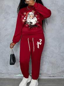 Women's Casual Warm Lined Santa Print Two Pieces Sweatshirt And Drawstring Pocket Pants Set With Slight Stretch Fabric Round Neck - Burgundy - View 4