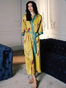 Women's Kimono Robe Long Satin Robe Floral Robe Kimono Bathrobe Nightgown - Màu vàng - Xem 4